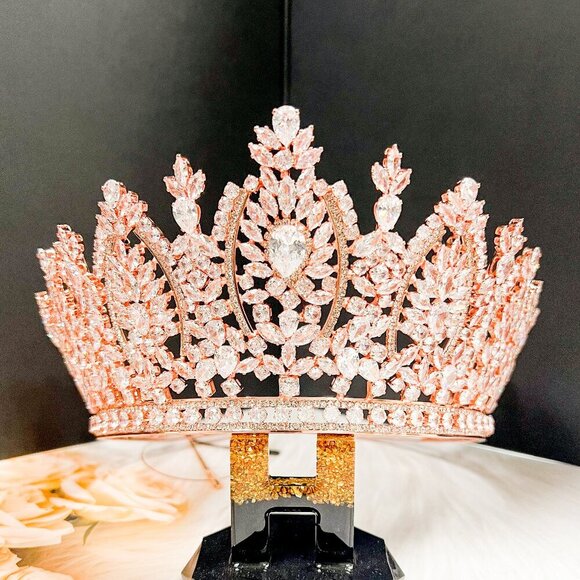 Zirconia Rose Gold Tiara, Quinceanera Tiara, Crystal Tiara, Wedding Headpiece - Picture 1 of 8